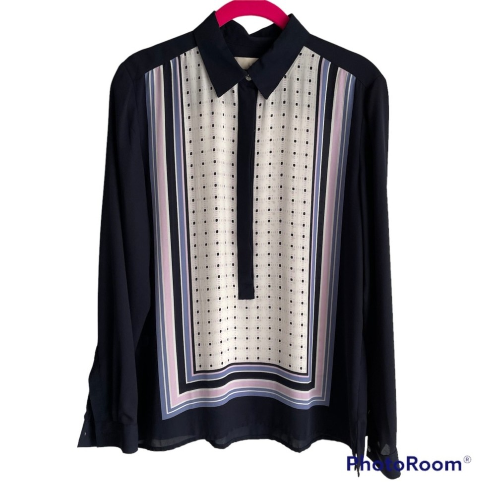 LOFT Navy Lavender White Ladies Long‎ Sleeve Career Button Down Blouse, S